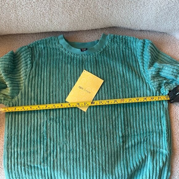 Denim & Co. Sweatshirt Crew Neckline Wide Wale Ribbed Trim Woven Chenille Teal S - Picture 6 of 9